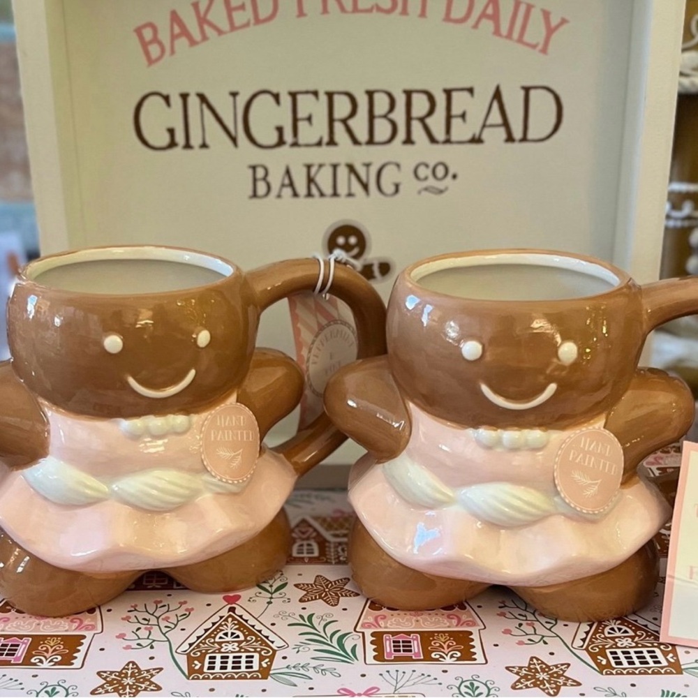 2 New Gingerbread Girls Handpainted Holiday Coffee Mugs